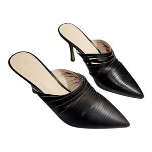 Something Navy Mules Women 7 Black Leather Pointed Toe Strappy Stiletto Heels